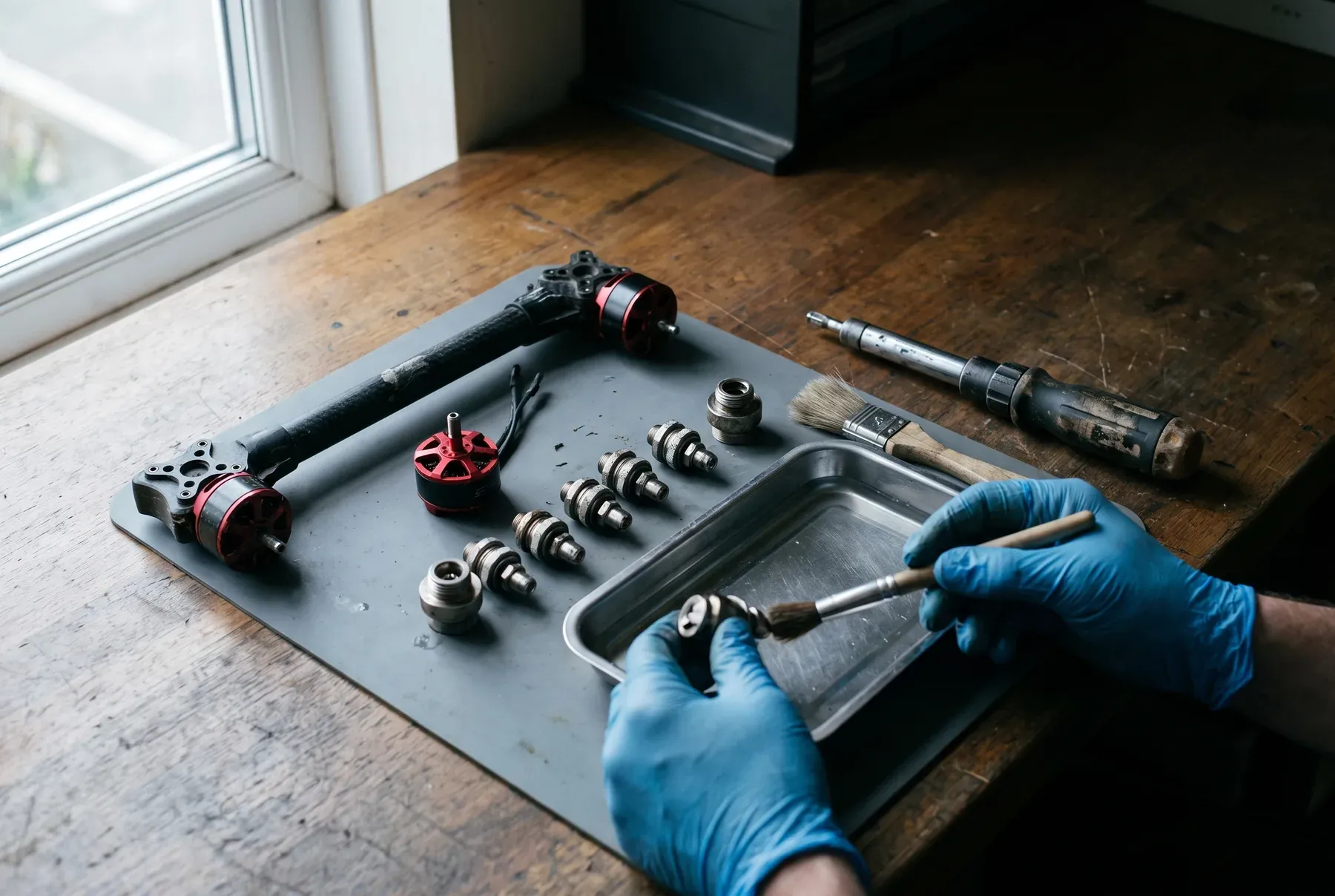 Drone nozzles and an arm being cleaned on a workshop bench