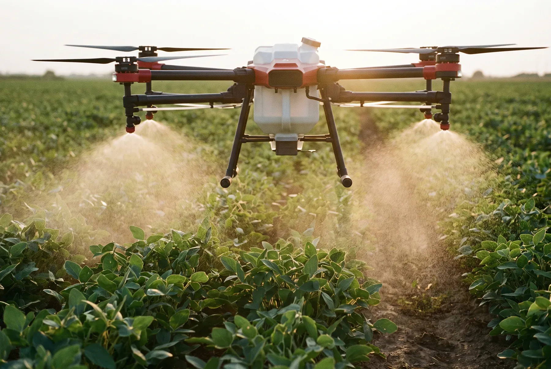An agricultural drone releasing a fine, controlled spray over a crop