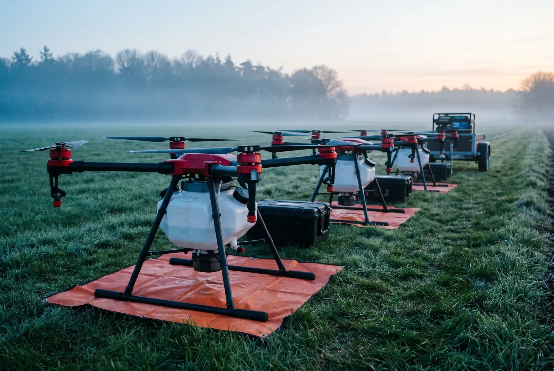 A fleet of agricultural drones lined up at a field edge in morning mist