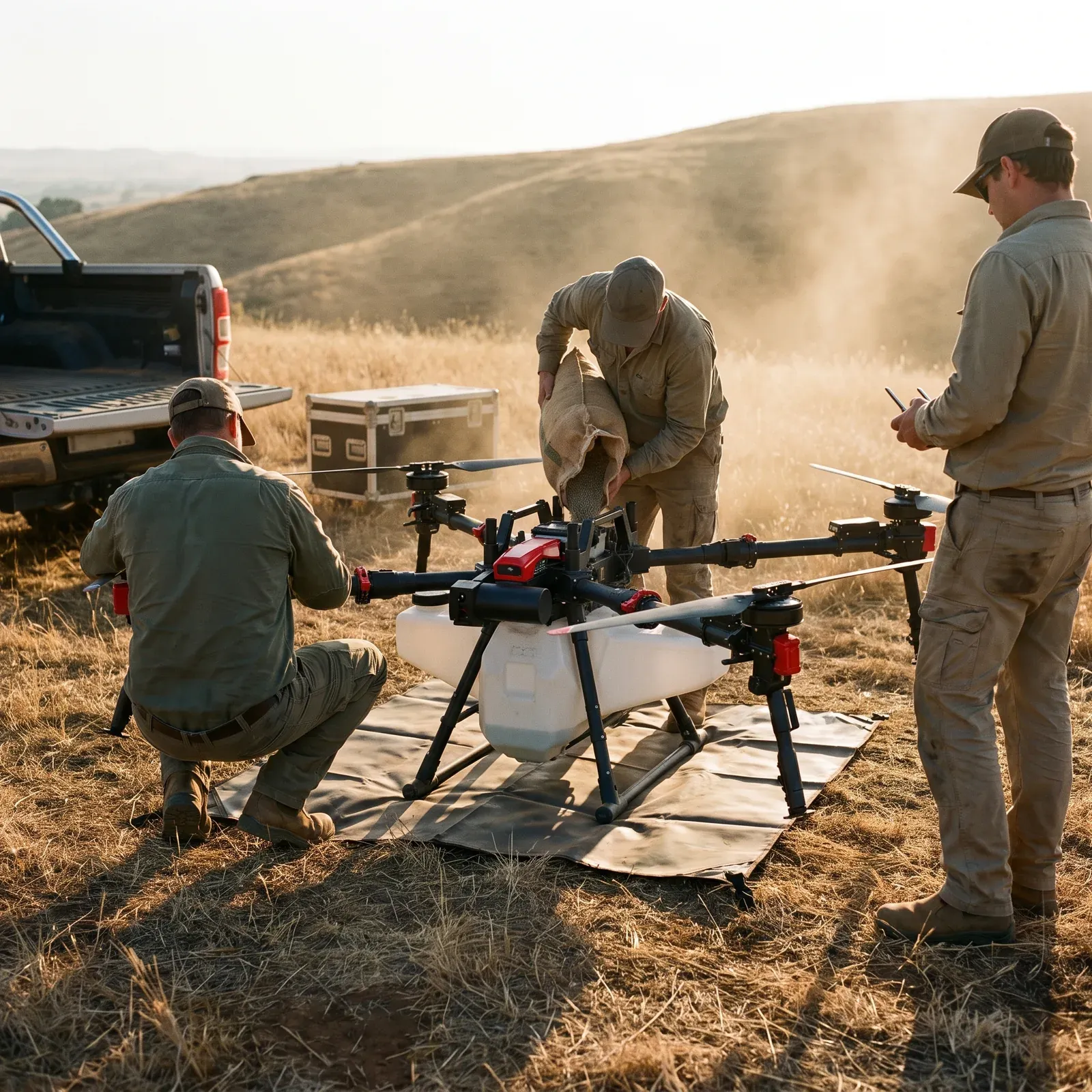 A field crew preparing the drone before a sowing run