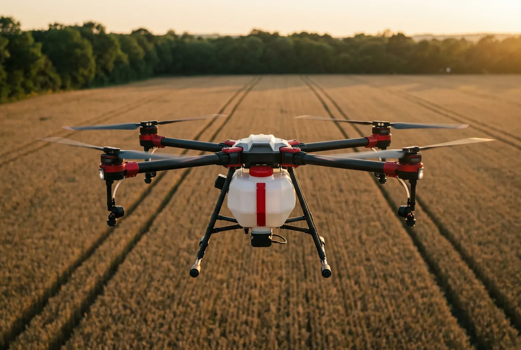 An agricultural drone flying over a field at golden hour