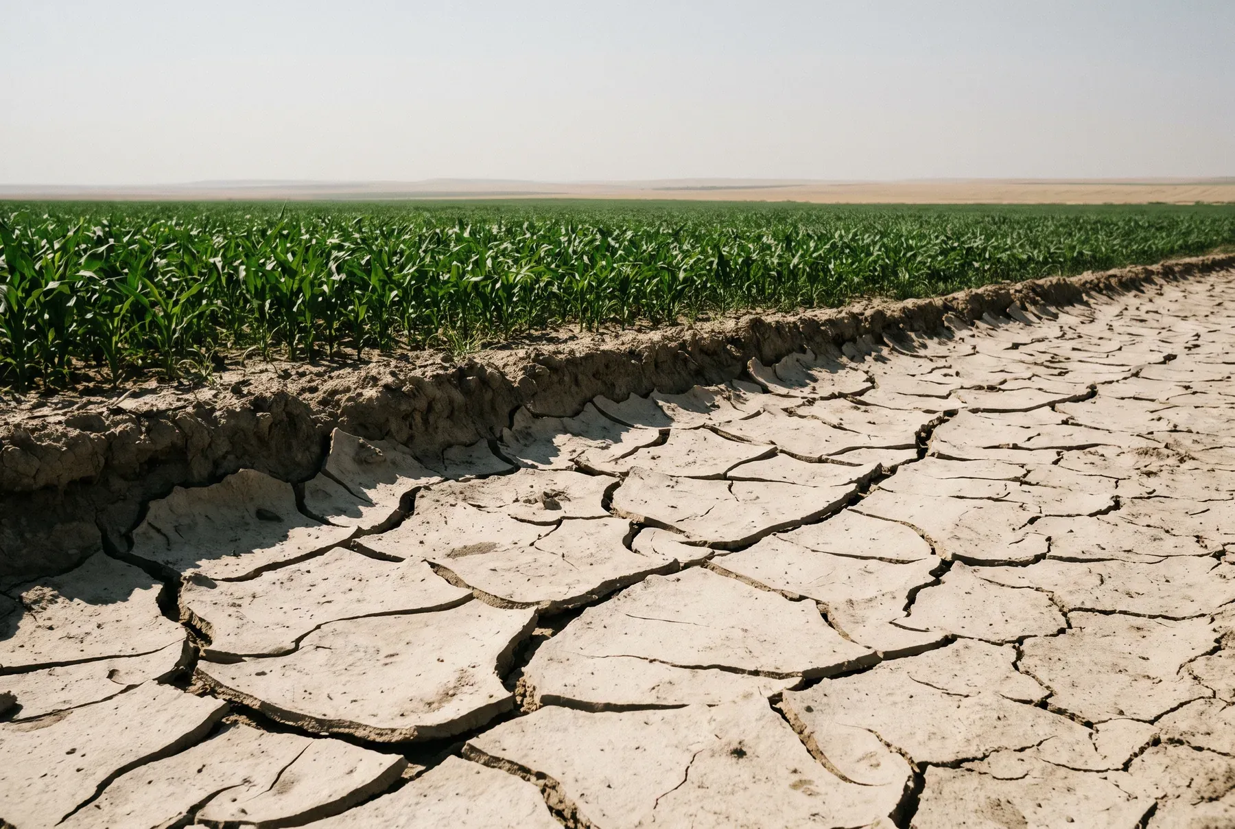 Cracked dry ground meeting an irrigated crop
