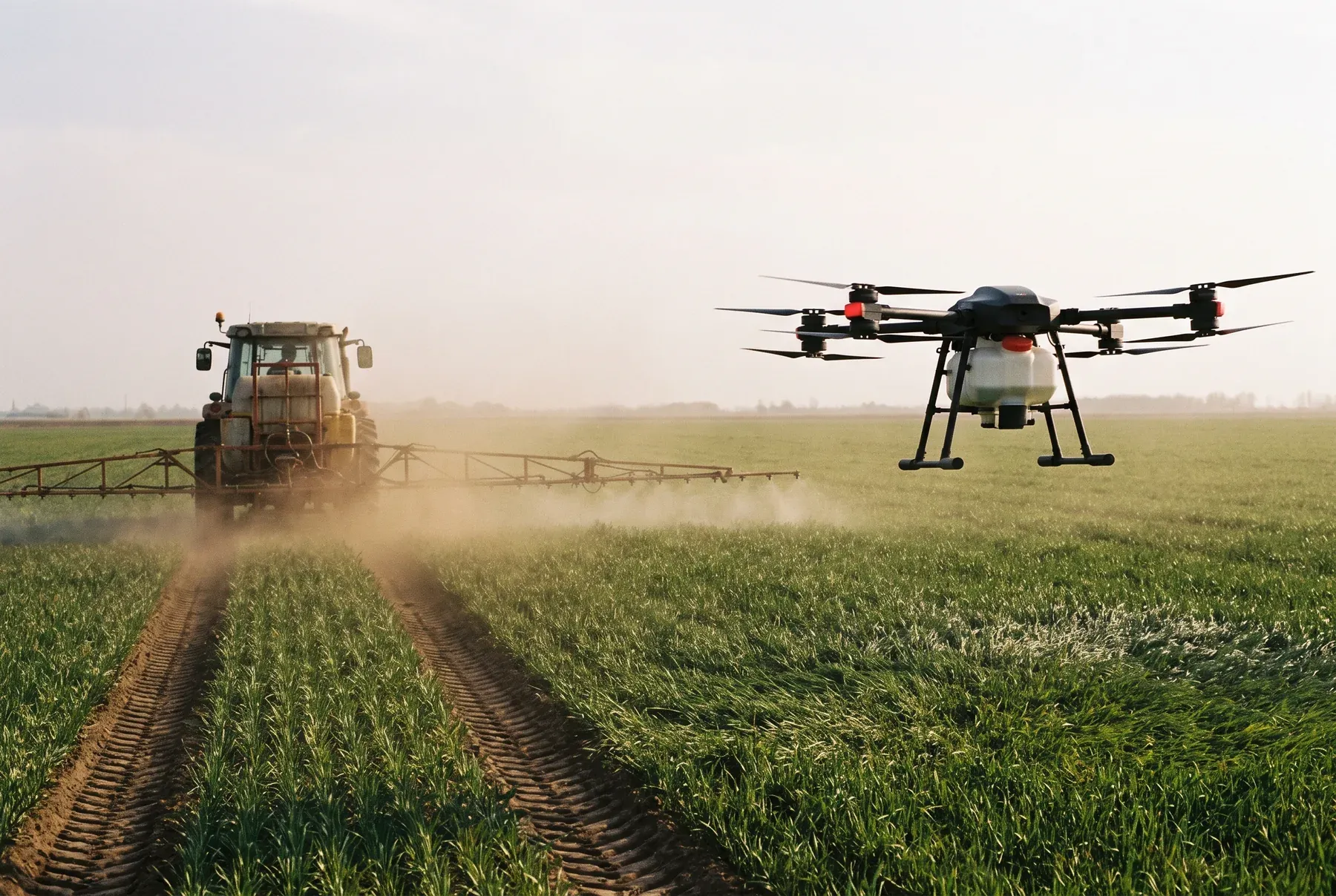 A dust-raising tractor and a drone leaving no track, in the same field