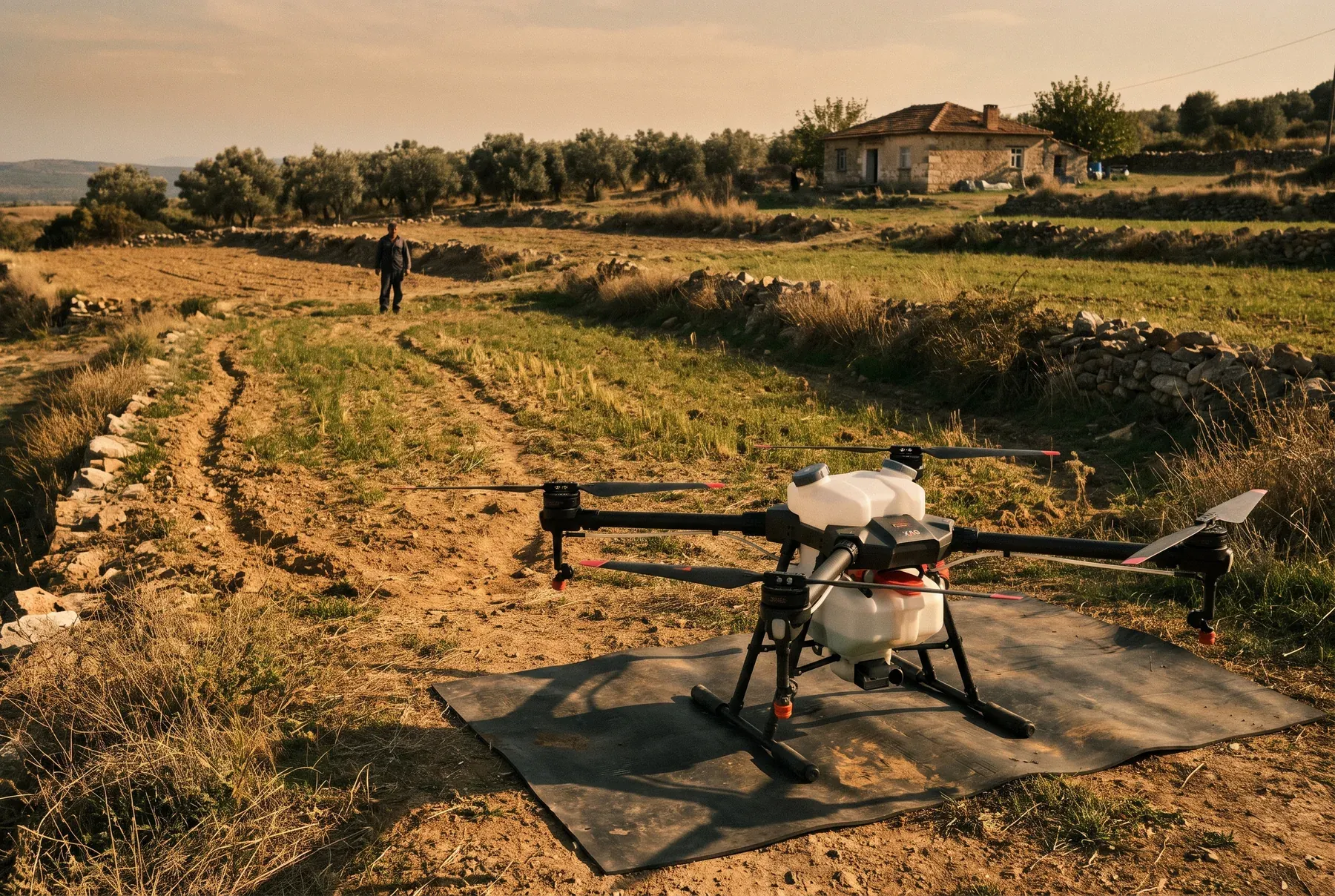 An agricultural drone waiting at the edge of small, stone-walled plots