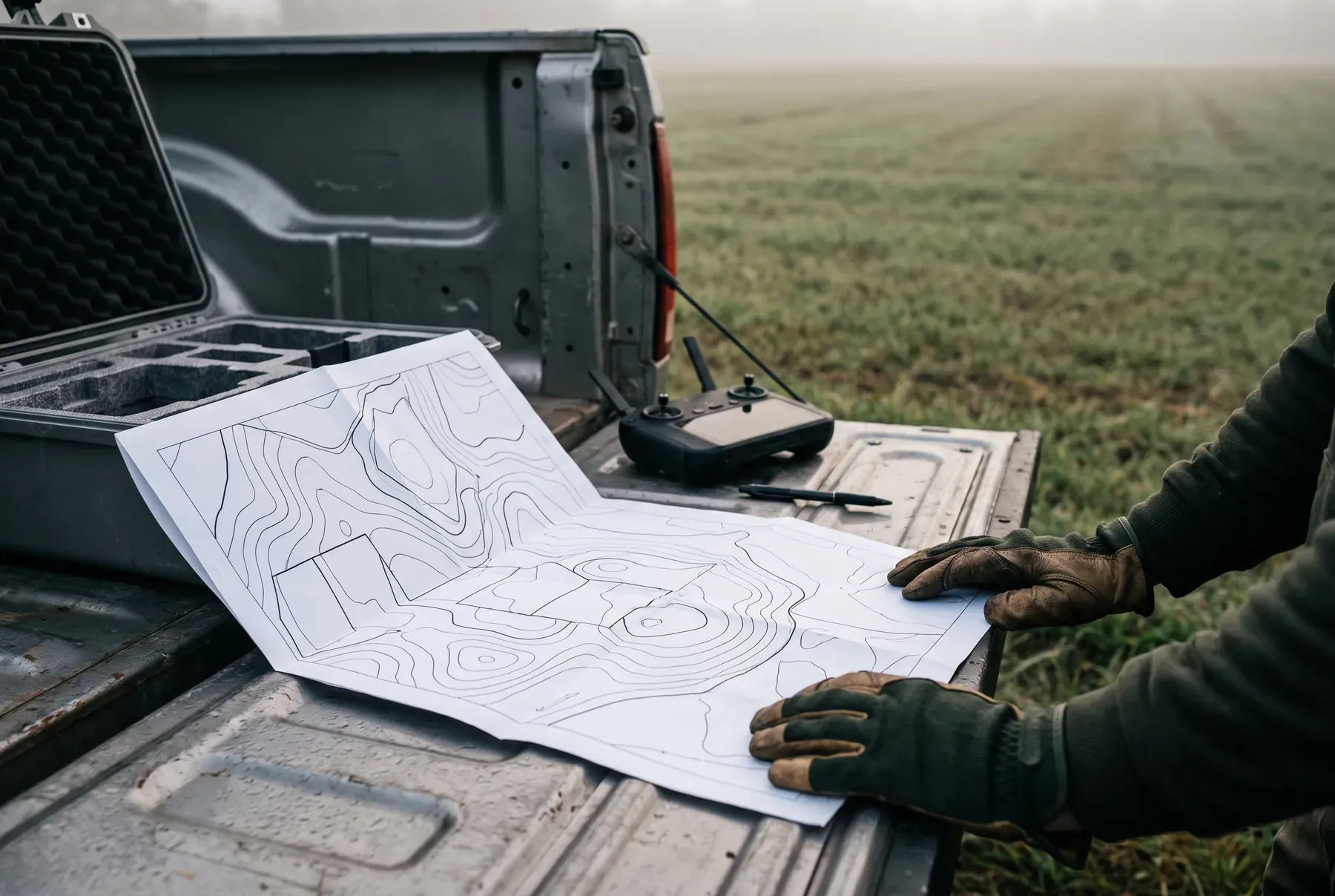 Pre-flight planning on a pickup tailgate: a map and a controller