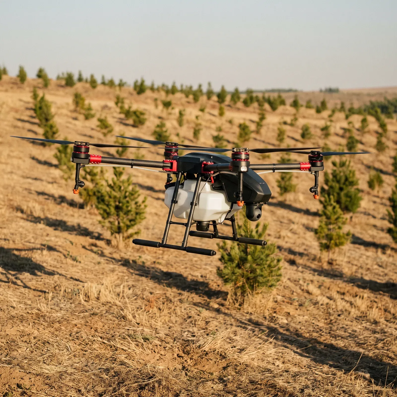 An agricultural drone monitoring a planted area from the air
