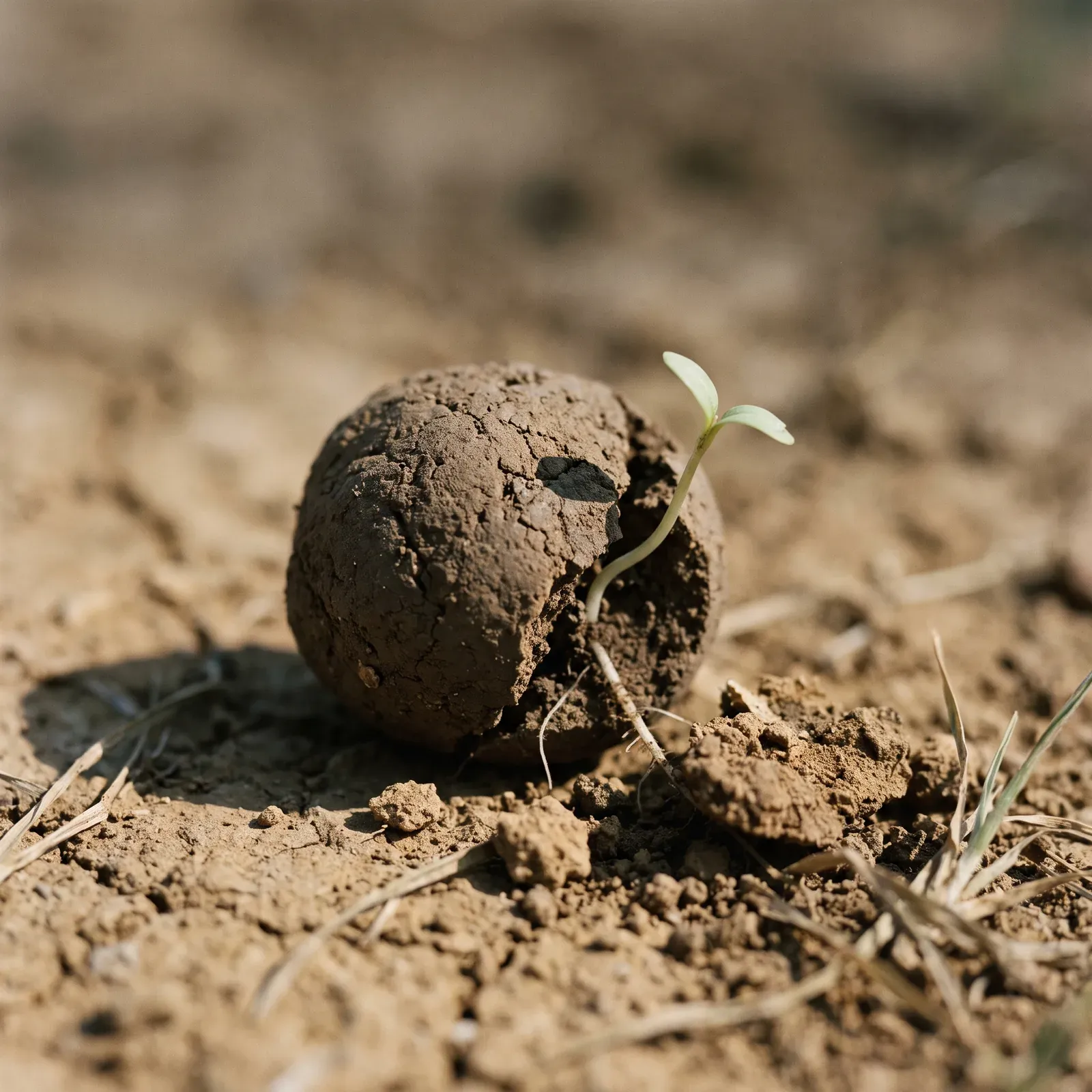 A seed ball sprouting on dry ground