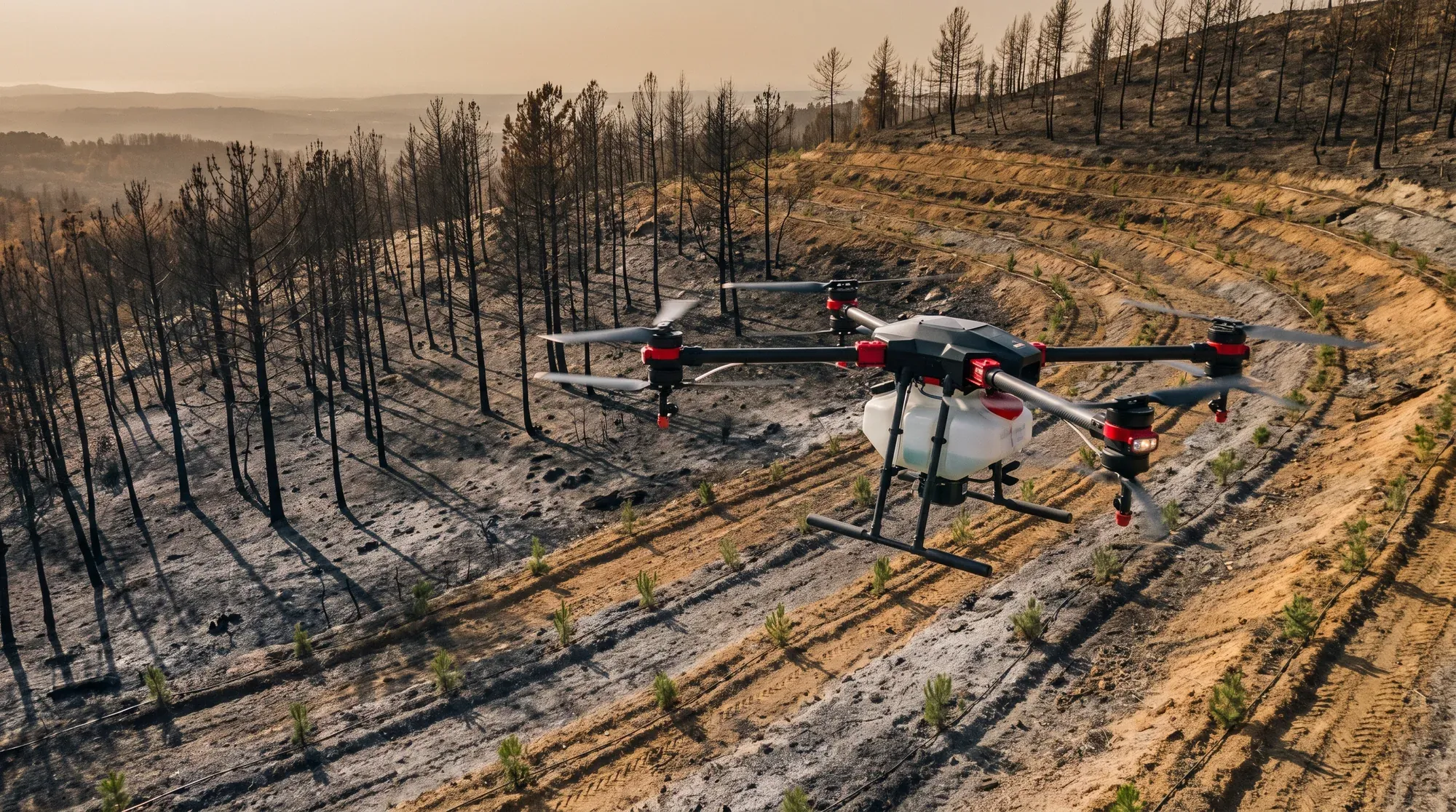 Yangın görmüş yamaçta kontur boyunca yeniden ekim yapan tarım dronu