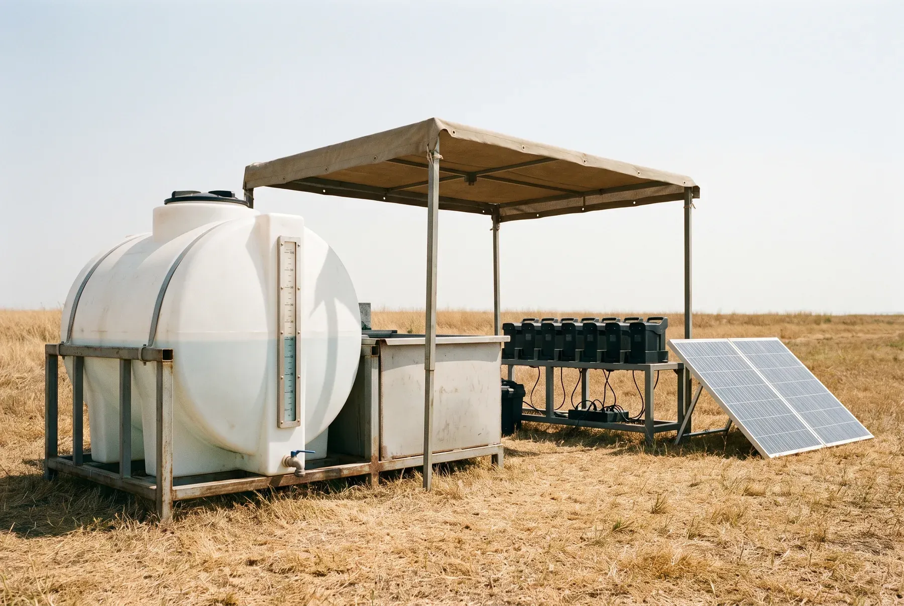A field support station with a water tank, battery charging rack and solar panel