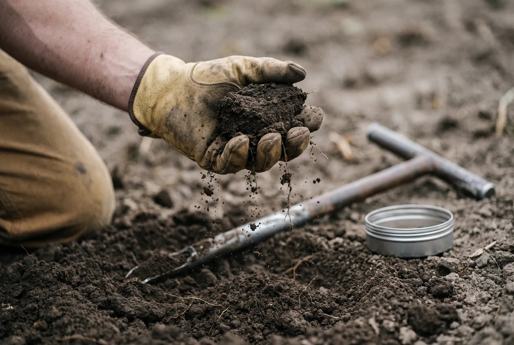 Moist topsoil crumbling in a gloved hand