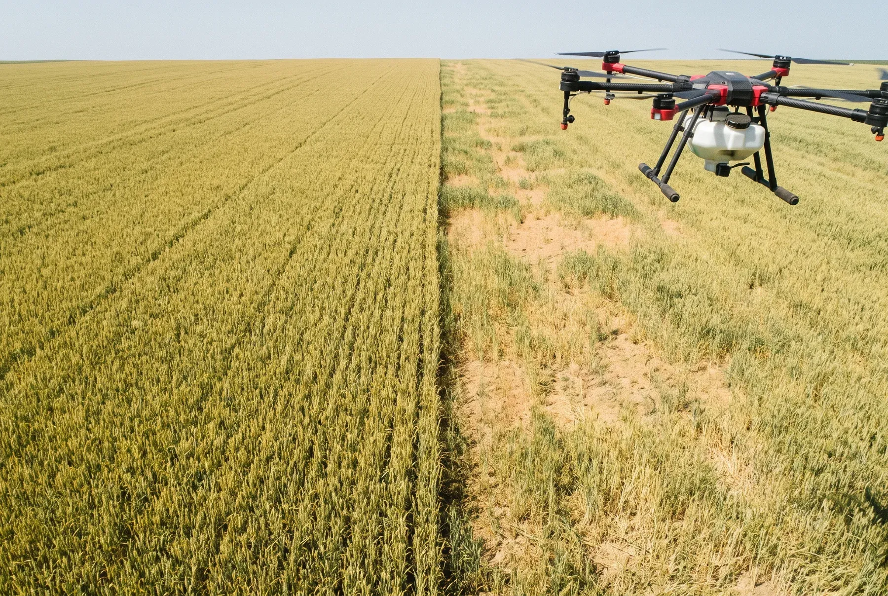 A wheat field divided into treated and untreated halves